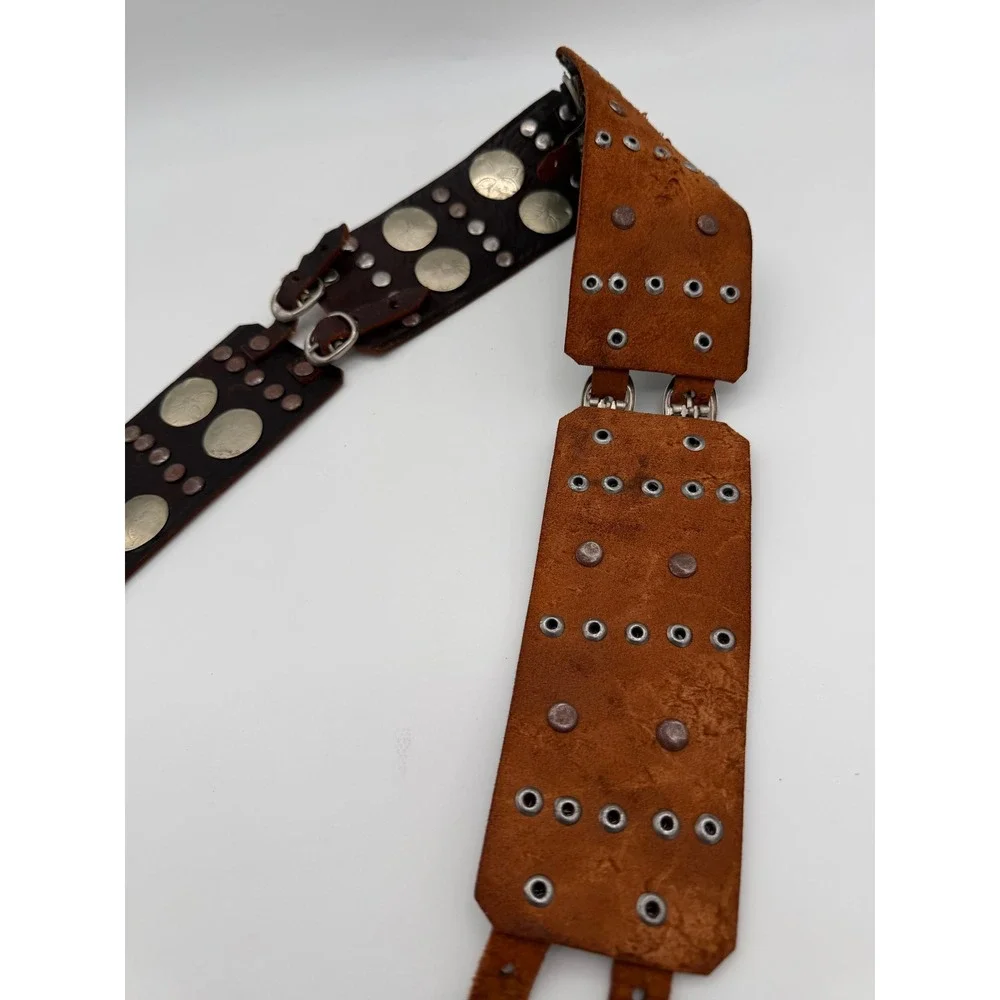 Vintage Brown Leather Concho Belt Studded Western Boho Wide Panel Belt
